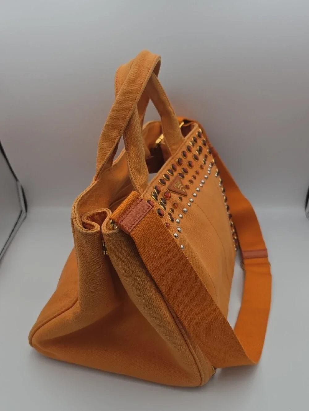 Prada Orange Papaya Canapa Gromment & Studded Large Tote (COA/HARD CARD)(EUC)🧡✨